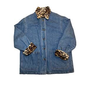 Vintage Y2K 2000s FauxFur Denim Jean Jacket Coat Graphic Animal Cheetah Print L